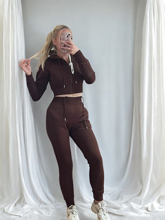 Kimmy- Cinched waist tracksuit with zip up hoodie - Chocolate Brown
