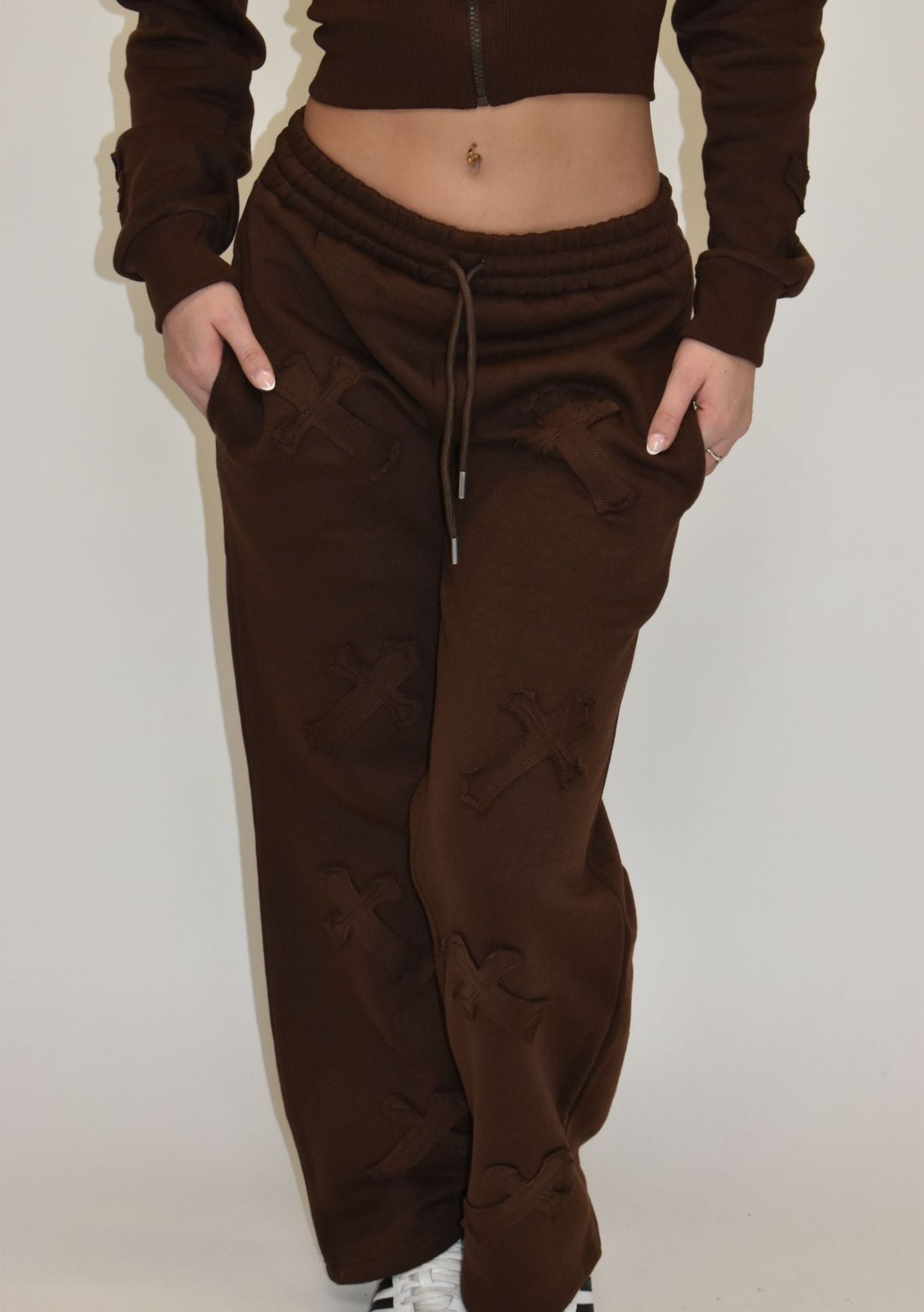Crucifix Detail Co-Ord Fleece Tracksuit - Chocolate Brown