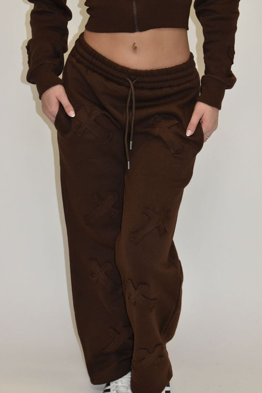 Crucifix Detail Co-Ord Fleece Tracksuit - Chocolate Brown