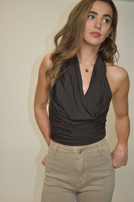 Drape Front Halter Top - Chocolate Brown