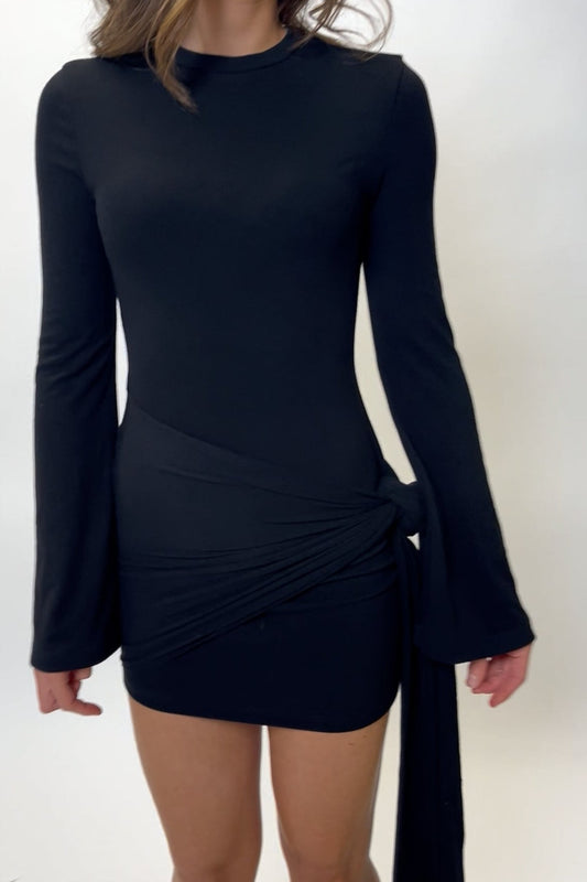 Side Tie Long Fluted Sleeve Mini Dress - Black