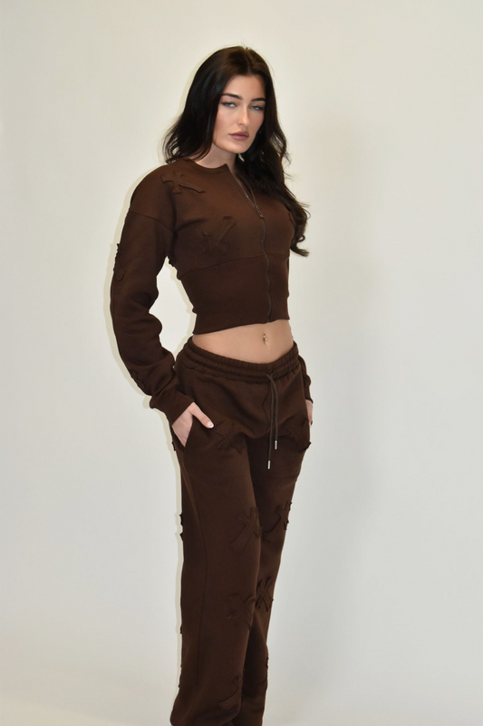 Crucifix Detail Co-Ord Fleece Tracksuit - Chocolate Brown