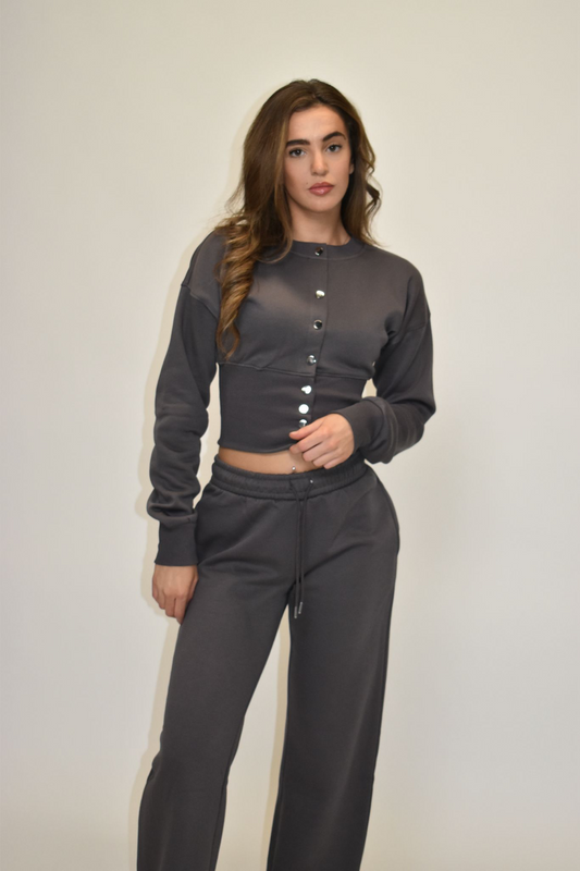 Wide Leg Cinched waist Co-Ord Tracksuit - Slate Grey