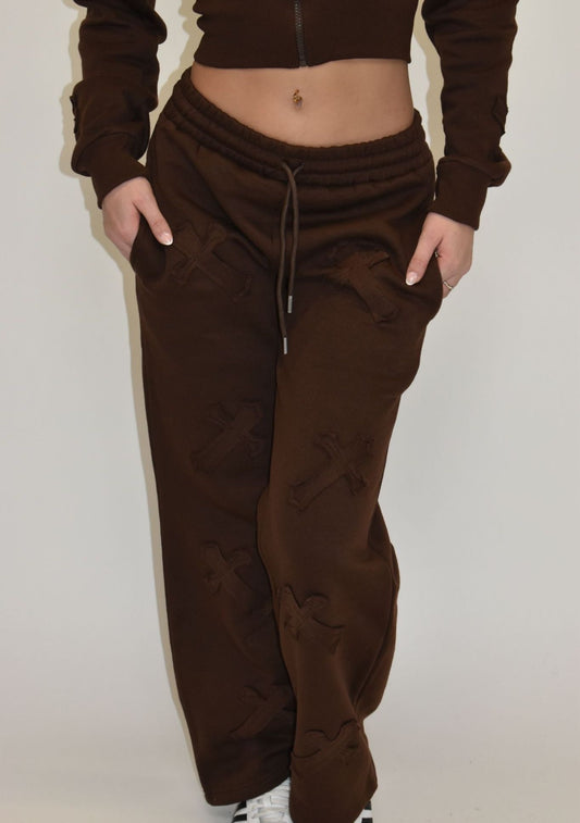 Crucifix Detail Co-Ord Fleece Tracksuit - Chocolate Brown