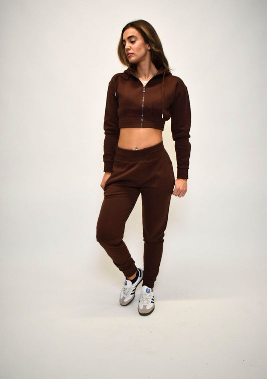 Kimmy- Cinched waist tracksuit with zip up hoodie - Chocolate Brown