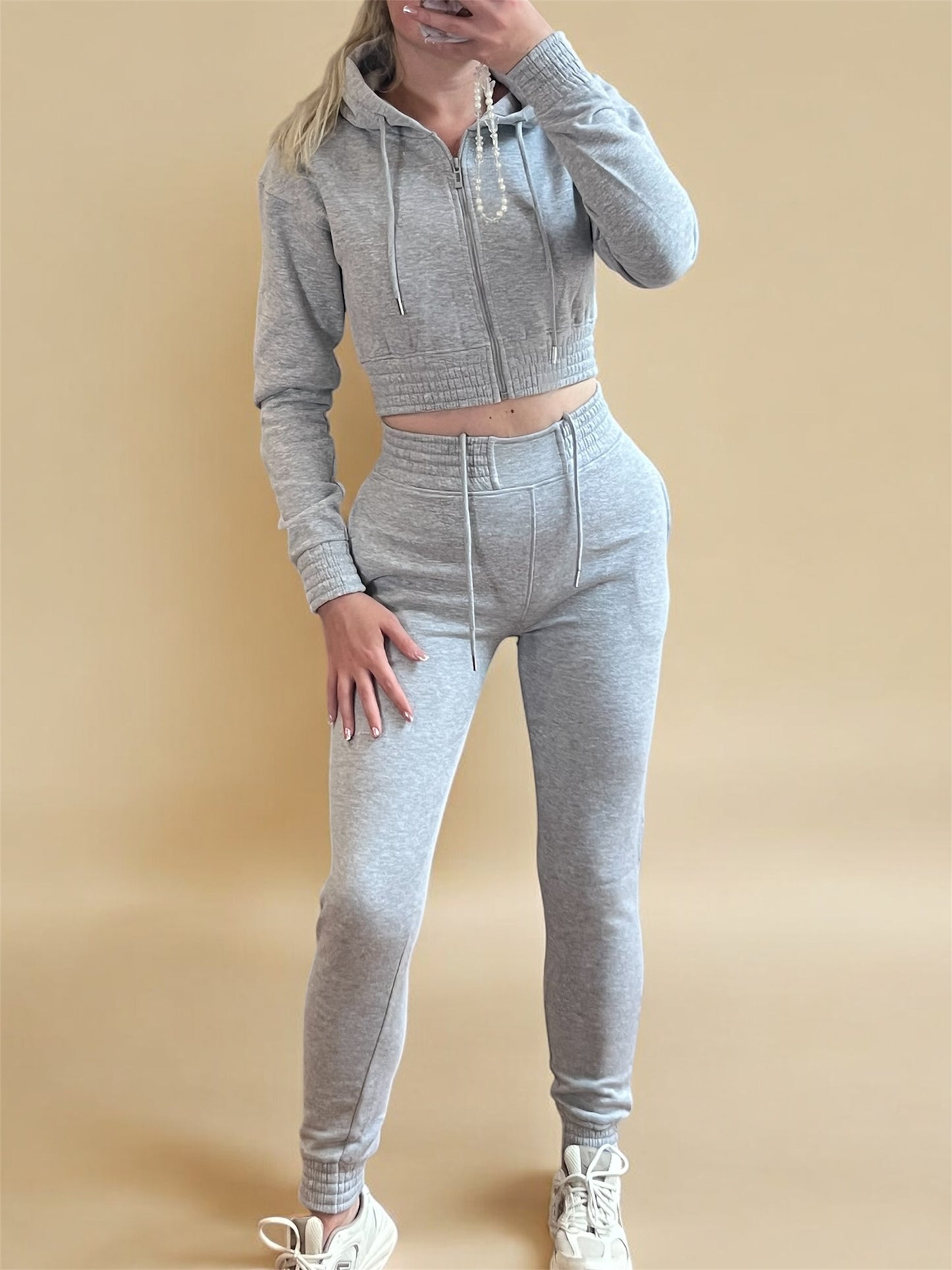 Kimmy- Cinched waist tracksuit with zip up hoodie - Grey