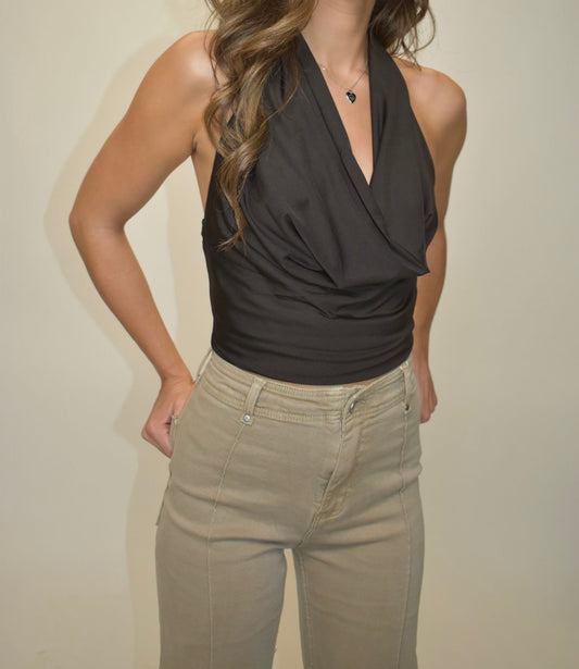 Drape Front Halter Top - Chocolate Brown