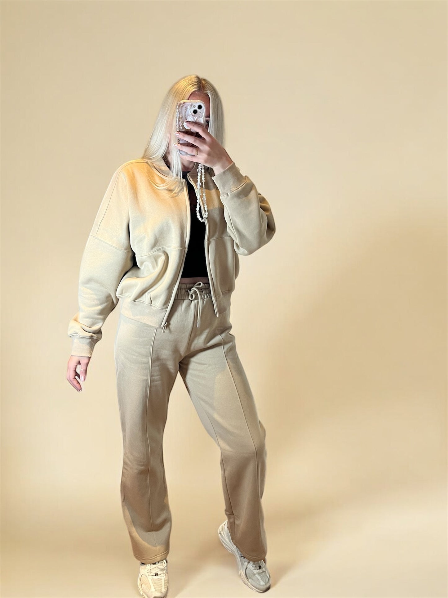 Brooke- Bomber style jacket co ord tracksuit with straight joggers - Beige