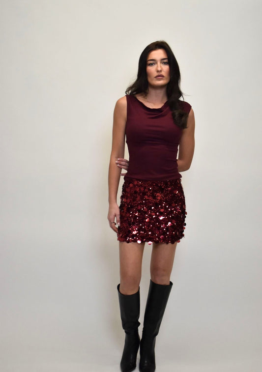 Sequin Mini Skirt - Burgundy