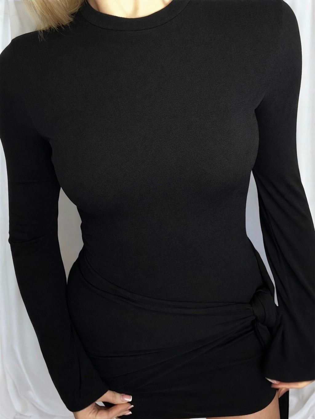 Side Tie Long Fluted Sleeve Mini Dress - Black