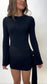 Side Tie Long Fluted Sleeve Mini Dress - Black