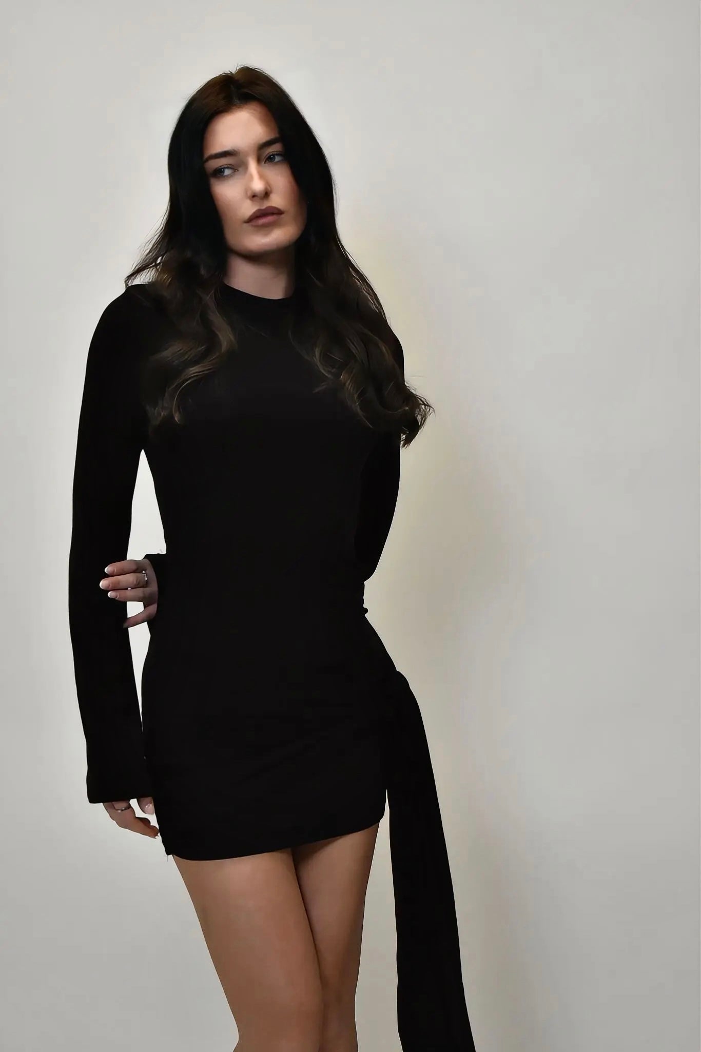 Side Tie Long Fluted Sleeve Mini Dress - Black