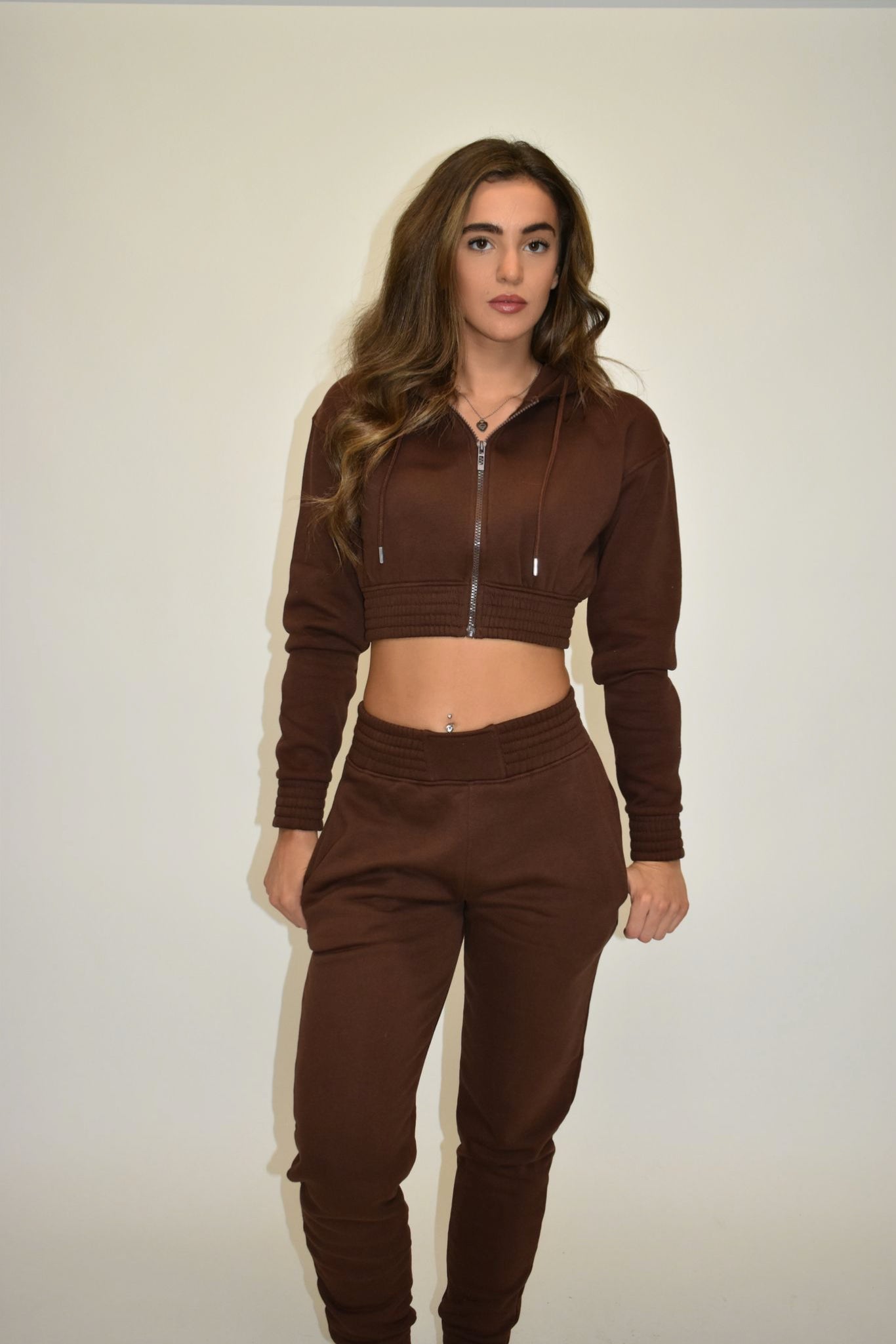 Kimmy- Cinched waist tracksuit with zip up hoodie - Chocolate Brown
